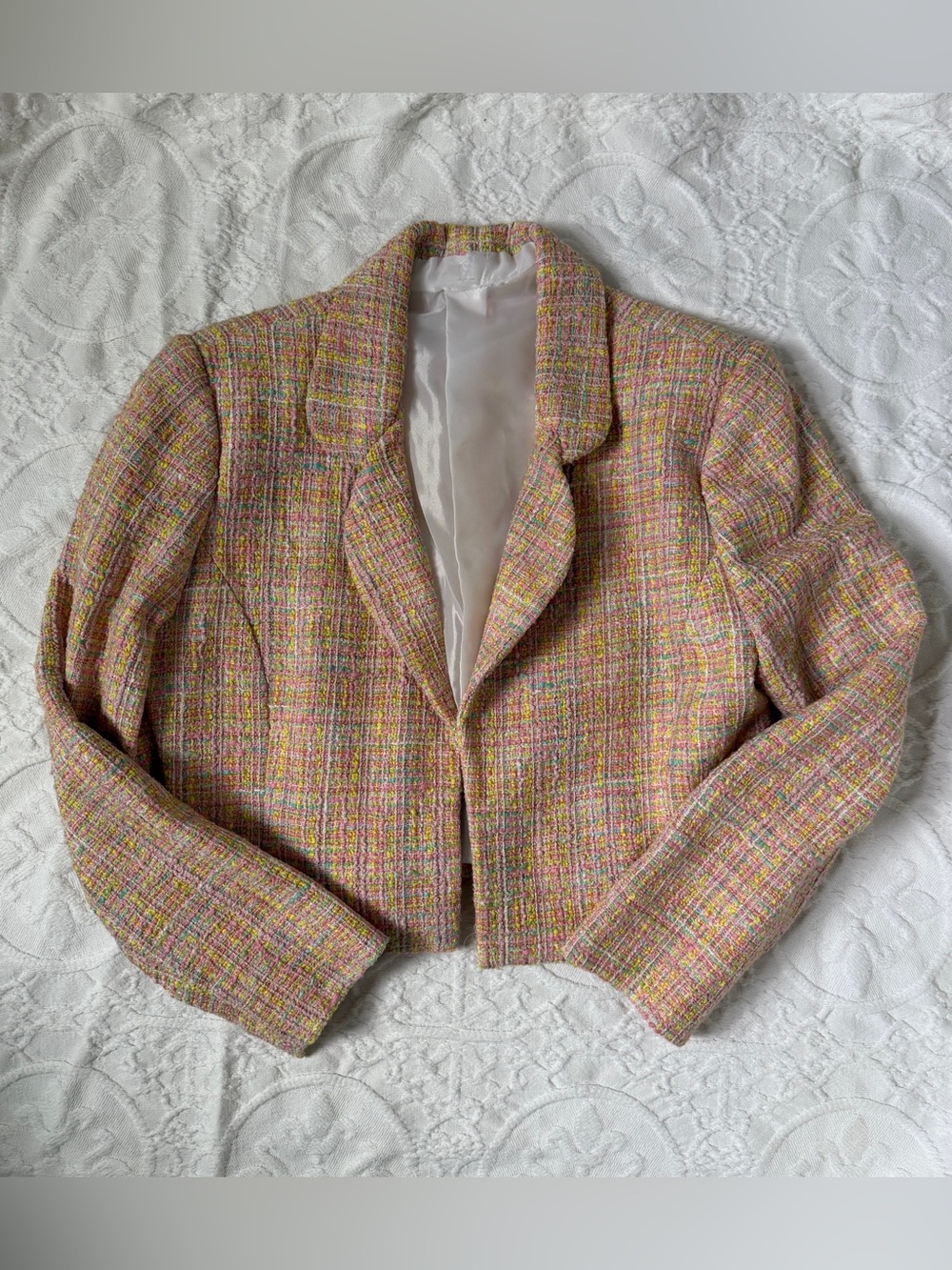 vintage pink and yellow tweed blazer with a cropped fit